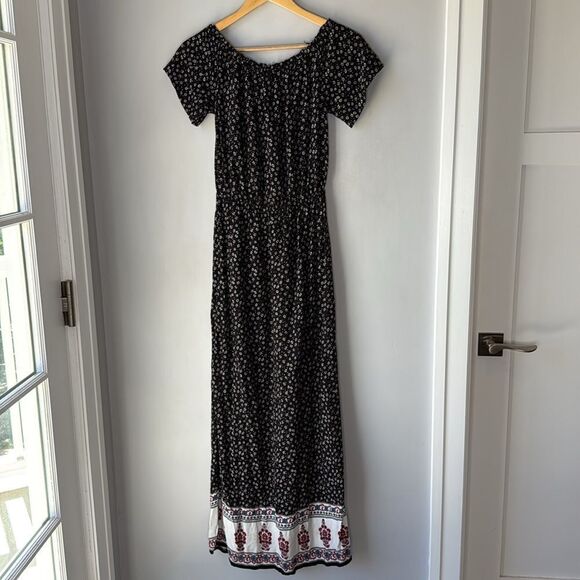 Bleuh Ciel Floral Black Maxi Elastic Waist Dress - Picture 4 of 8